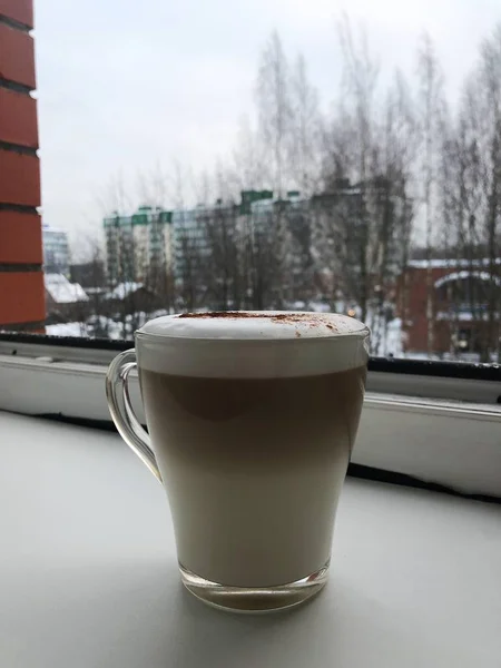 Café Con Leche Canela Alféizar —  Fotos de Stock