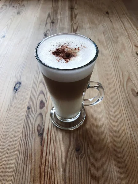 Köstlichen Latte Kaffee Auf Holztisch Blick — Stockfoto