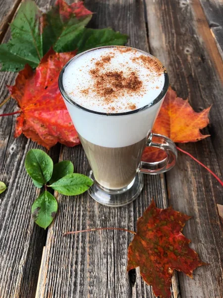 美味的咖啡拿铁与肉桂在秋天 — 图库照片
