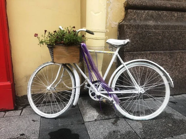 Bicicleta Branca Engraçada Com Flores Centro Cidade — Fotografia de Stock