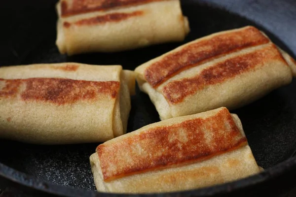 Pannenkoeken Met Vlees Een Pan Close — Stockfoto