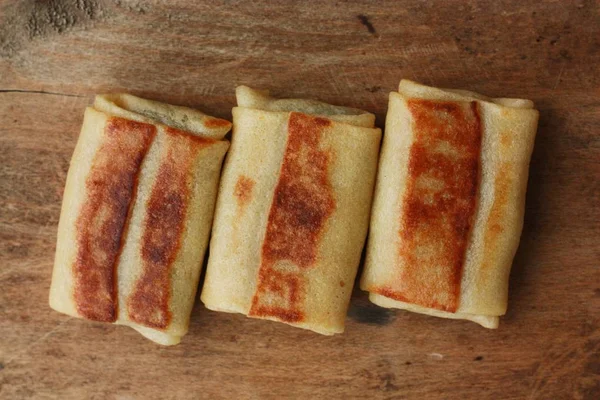 Pancakes Meat Wooden Table — Stock Photo, Image