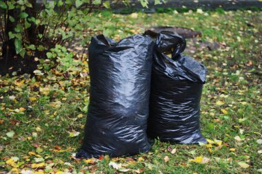 Sokakta sonbahar yapraklı siyah çöp torbaları 