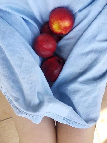 Nectarines Rouges Frais Dans Ourlet Robe — Photo