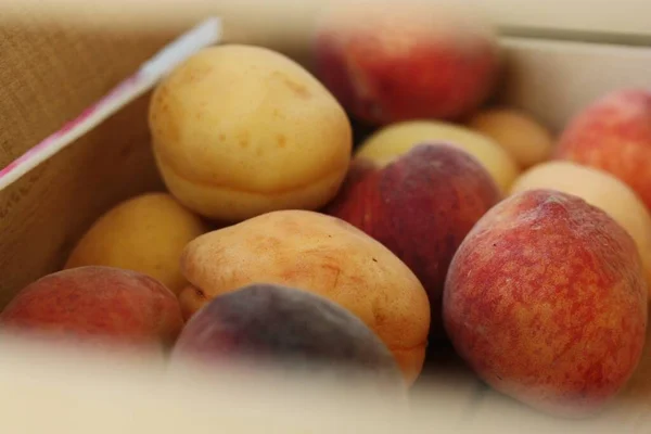 Ripe Peaches Apricots Wooden Box — Stock Photo, Image