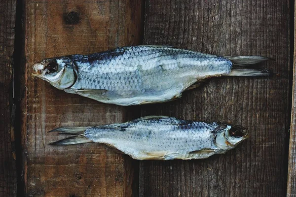 Två Torkade Fiskar Träbakgrund — Stockfoto