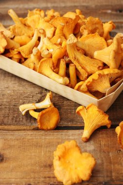 Ahşap bir masa üzerinde Chanterelle mantarları.