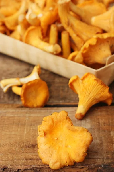 Cogumelos Chanterelle Uma Macro Mesa Madeira — Fotografia de Stock