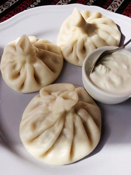 Khinkali Delicioso Com Carne Creme Leite — Fotografia de Stock