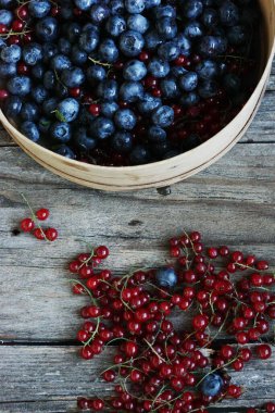 Taze yaban mersini ve kırmızı üzümler masada. 