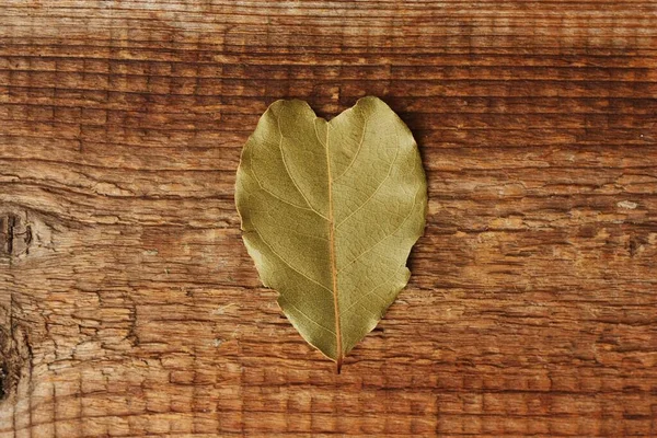 Hoja Laurel Forma Corazón Sobre Fondo Madera —  Fotos de Stock