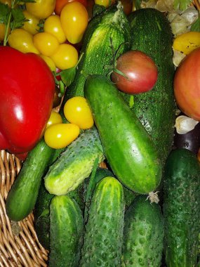 Taze sebzeler ve bitkiler masada.