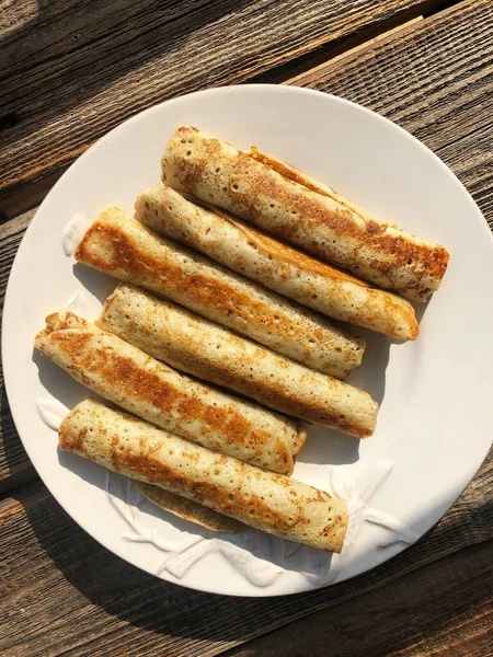 Delicious Crepe Meat White Plate — Stock Photo, Image