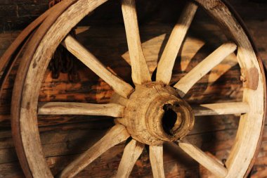 Tahta kahverengi araba tekerleği, yakın görüş.