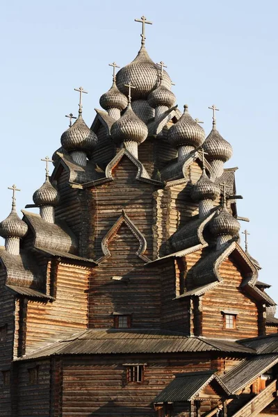 Beautiful view ancient wooden Church with domes