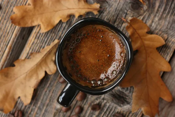 Café Expresso Feuilles Chêne Sur Table — Photo