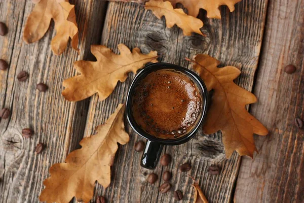 Café Expresso Feuilles Chêne Sur Table — Photo