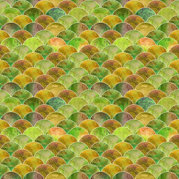 Fish scale ocean wave japanese seamless pattern. Watercolor hand drawn green yellow colorful texture background. Watercolour geometrical scale shaped elements. Print for textile, wallpaper, wrapping