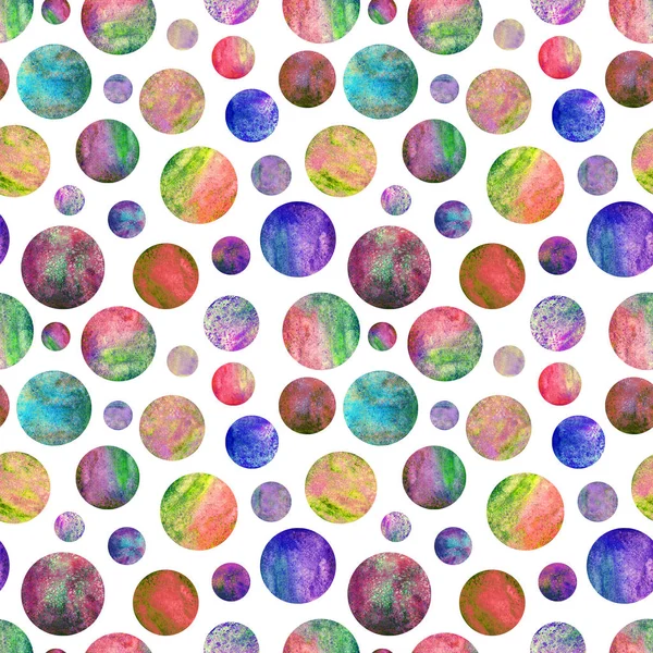 五颜六色的圆行星无缝模式与垃圾效果 抽象几何圆形状球形圆盘盘纹理在白色背景 简单鲜艳的彩色水彩手绘插图 — 图库照片