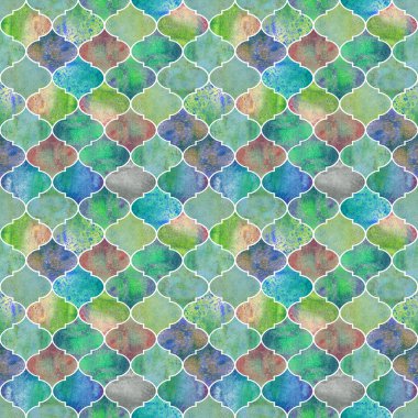 Vintage dekoratif Fas seamless modeli. Suluboya el Yeşil Camgöbeği mavi sarı sonsuz doku arka plan çekilmiş. Suluboya geometrik oryantal öğeleri. Baskı Tekstil, duvar kağıdı, ambalaj için