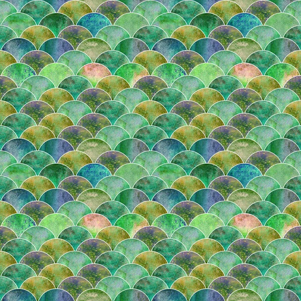 海の波日本のシームレスなパターンをスケールします 水彩の手には 緑青緑黄色テクスチャ背景が描画されます 水彩画形の幾何学的なスケール要素 包装を印刷します — ストック写真