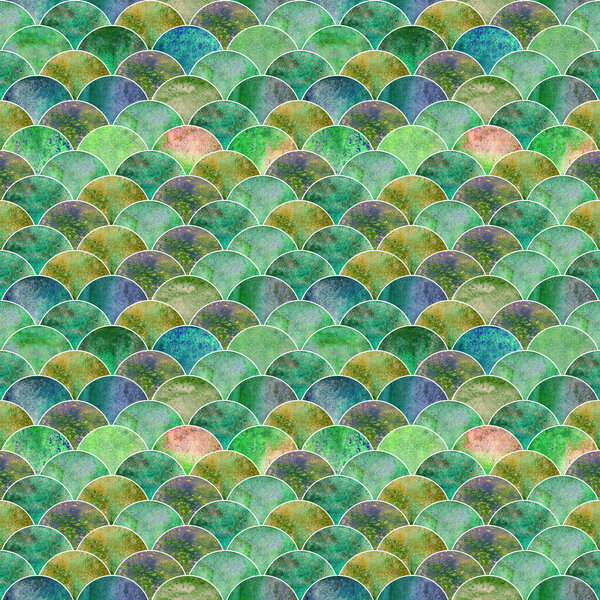 Японская бесшовная модель океанских волн в масштабе рыбы. Акварель ручной работы зеленый бирюзовый синий желтый фон текстуры. Элементы геометрической формы акварели. Печать для текстиля, обоев, обертывания
