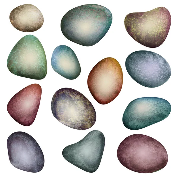 Conjunto Pedras Marinhas Coloridas Aquarela Isoladas Fundo Branco Aquarela Desenhado — Vetor de Stock