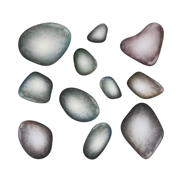 Set Watercolor Spa Sea Colorful Stones Isolated White Background Watercolour — Stock Vector