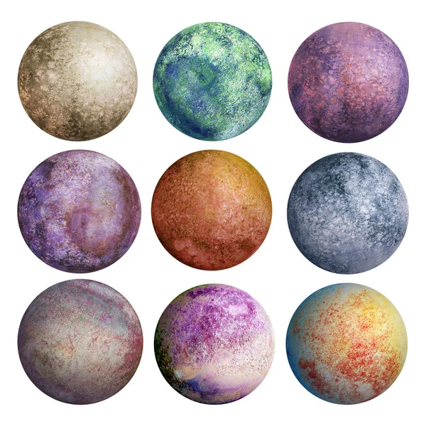 一套水彩五颜六色的行星被隔绝在白色背景 水彩手画抽象行星球魔术艺术工作例证 彩色抽象几何圆形球形圆盘盘 — 图库矢量图片