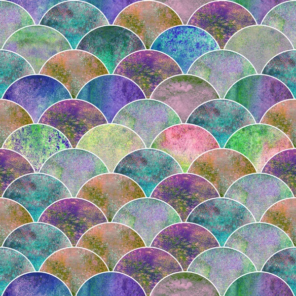 Fish scale ocean wave japanese seamless pattern. Watercolor hand drawn rainbow colorful texture background. Watercolour geometrical scale shaped elements. Print for textile, wallpaper, wrapping