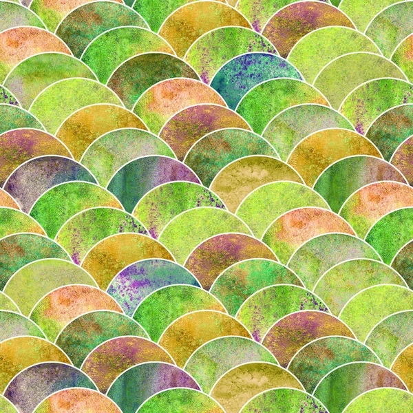 Fish scale ocean wave japanese seamless pattern. Watercolor hand drawn green yellow colorful texture background. Watercolour geometrical scale shaped elements. Print for textile, wallpaper, wrapping