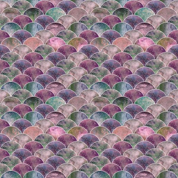 Mermaid scale ocean wave japanese seamless pattern. Watercolor hand drawn purple pink dark colorful texture background. Watercolour geometrical scale shaped elements. Print for textile wallpaper wrapping