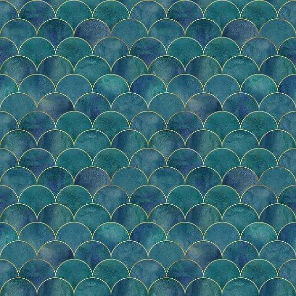 人魚の魚スケール波日本高級シームレス パターンです ゴールド ラインと濃い青青緑緑背景を水彩手描き 水彩画形スケール テクスチャです 包装を印刷します — ストック写真