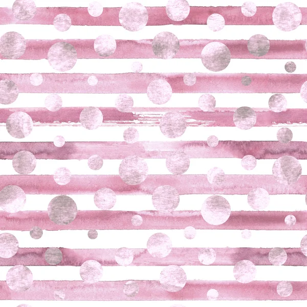 ジオメトリック ピンク紙吹雪円とグランジ効果でピンクの白いストライプのシームレスなパターンを抽象化します 手描き水彩のファッションは テクスチャ背景をストライプ化されます 包装を印刷します — ストック写真