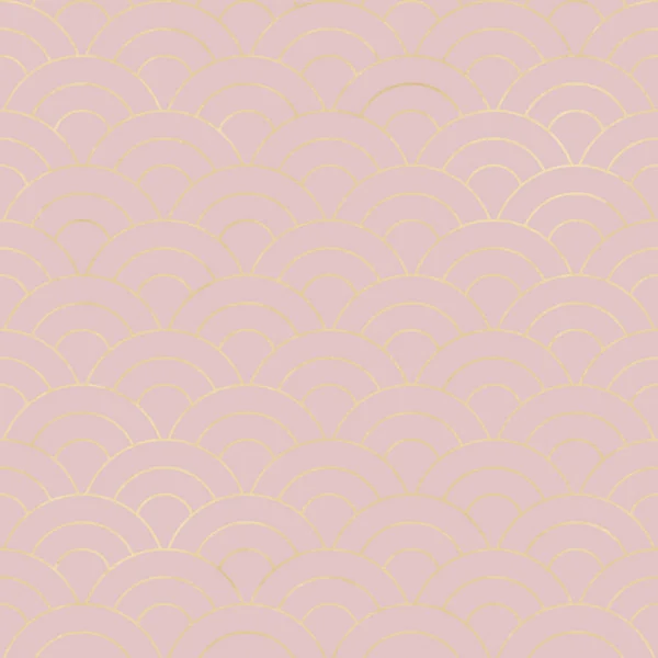 美人鱼鱼鳞波浪日本豪华金无缝图案 浅粉红色背景与金色轮廓线 金属闪闪发光无尽的质感 印花纺织品 礼品包装 — 图库照片