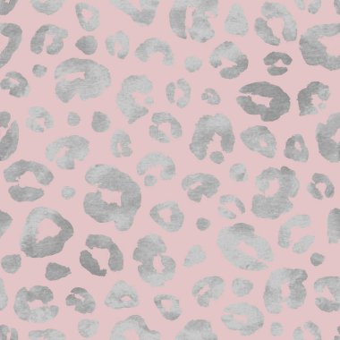Leopar deri lüks gümüş seamless modeli. El hayvan kürk deri doku çekilmiş. Açık pembe renkli üzerinde gri metal spot süsleme. Benekli doku ışıltılı. Baskı Tekstil, duvar kağıdı, ambalaj için