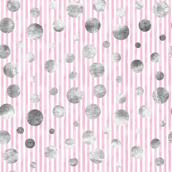 Abstract Geometric Silver Confetti Circles Pink White Stripes Seamless Pattern — Stock Photo, Image