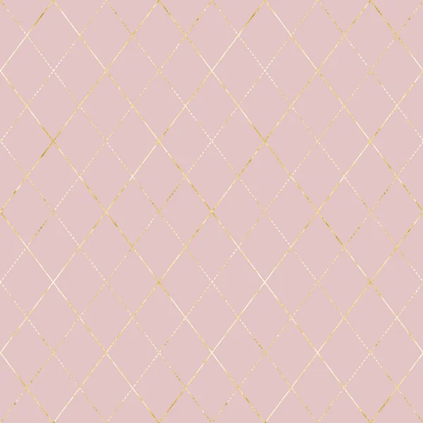 Argyle abstract geometric yellow gold metal plaid seamless pattern. Golden metallic hand drawn ornament on pink background. Luxury glittering texture. Print for textile, wallpaper, wrapping.