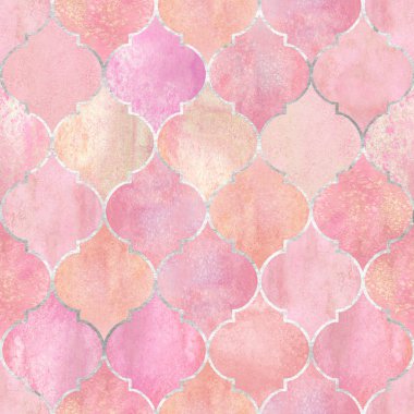Vintage dekoratif Fas Dikişsiz desen gümüş çizgili. Suluboya elle çizilmiş pembe vitray vitrin tasarımı. Suluboya geometrik oryantal öğeleri. Baskı Tekstil duvar kağıdı sarma için