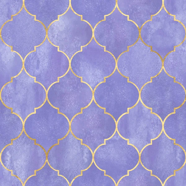 Vintage dekoratif Fas seamless modeli altın çizgili. Suluboya elle çizilmiş mor vitray vitrin tasarımı. Suluboya geometrik oryantal öğeleri. Baskı Tekstil duvar kağıdı sarma için
