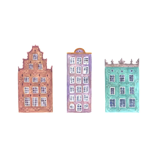 Old Europe Houses Set Three Watercolor Color European Amsterdam Style — Stock Photo, Image