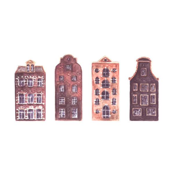 Old europe houses. Set of four watercolor color european Amsterdam style houses isolated on white background. Watercolour hand drawn Netherlands stylized facades of old buildings illustration.