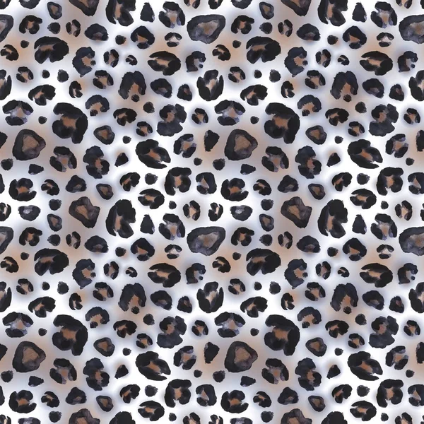 Snow Leopard black white blue beige seamless pattern background. Watercolor hand drawn abstract colorful animal fur skin texture. Print for textile, wallpaper, wrapping.