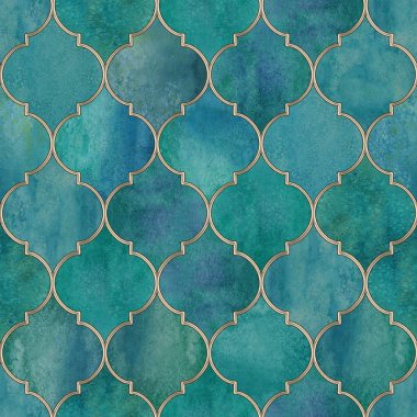 Vintage dekoratif Fas seamless modeli altın kontur hattı suluboya el ile koyu Deniz Mavisi mavi vitray vitrin tasarımı çizilmiş. Tekstil duvar kağıdı sarma için suluboya oryantal öğeleri Yazdır