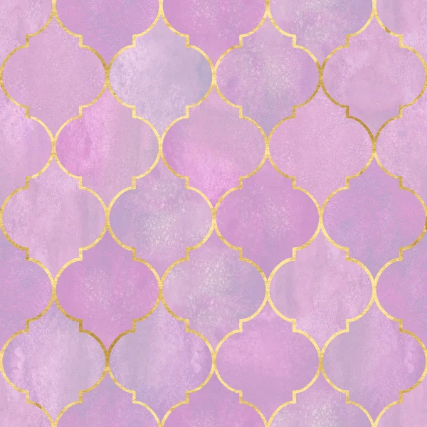 ヴィンテージ装飾モロッコ シームレス パターン金の輪郭線で 水彩の手には 紫の無限の背景が描画されます 水彩幾何学的東洋のテクスチャです 包装を印刷します — ストック写真
