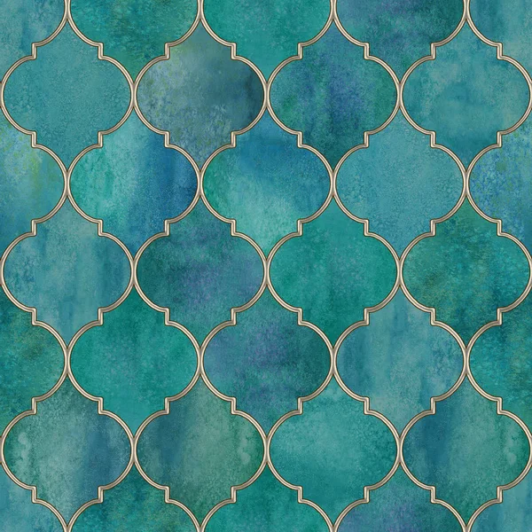 Vintage dekoratif Fas seamless modeli altın kontur hattı suluboya el ile koyu Deniz Mavisi mavi vitray vitrin tasarımı çizilmiş. Tekstil duvar kağıdı sarma için suluboya oryantal öğeleri Yazdır