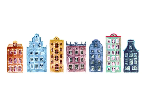 Old europe houses. Set of watercolor colorful european amsterdam style houses isolated on white background. Watercolour hand drawn Netherlands stylized facades of old buildings. Template illustration.