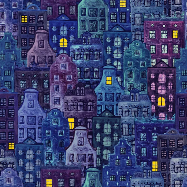 Night City Seamless Mönster Akvarell Färgglada Europeisk Amsterdam Stil Hus — Stockfoto