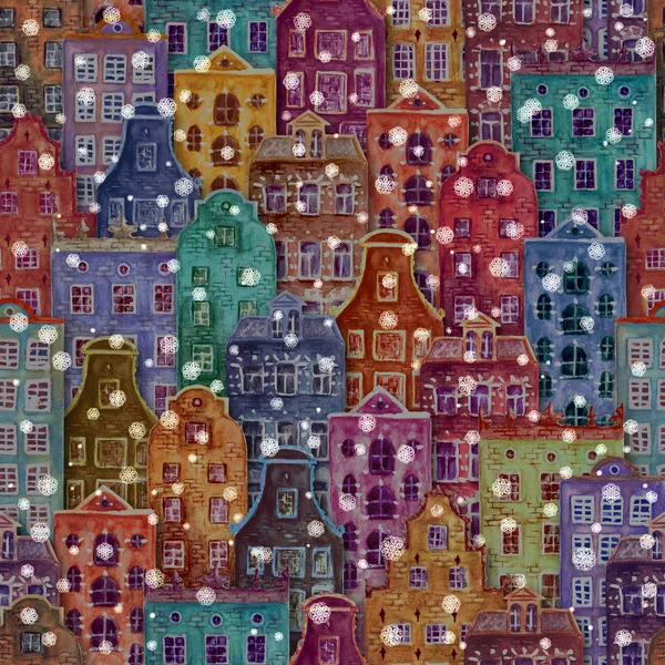 Old europe houses. Seamless pattern of watercolor colorful european amsterdam style city winter snowy houses. Watercolour hand drawn facades of old buildings. Print for textile, wallpaper, wrapping.