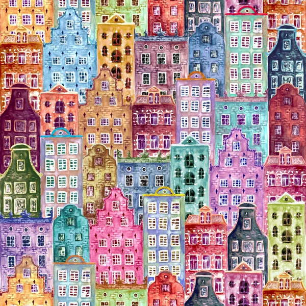 Old europe city houses. Seamless pattern of watercolor colorful european amsterdam style houses. Watercolour hand drawn Netherlands stylized facades of old buildings background. Template illustration.